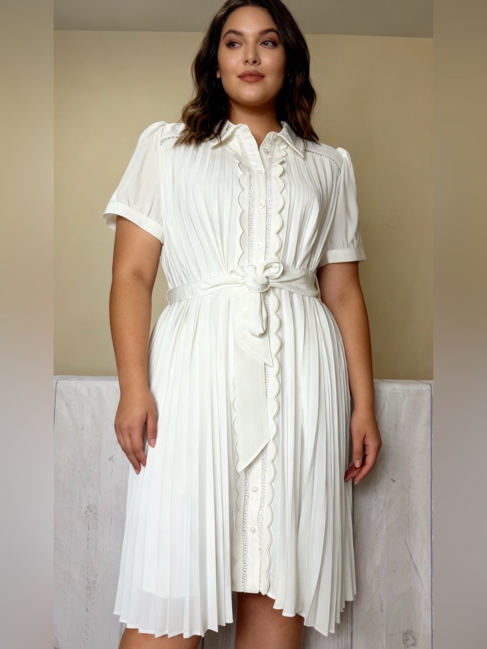 Karl Lagerfeld White Pleated Lace-Trim Shirt Dress